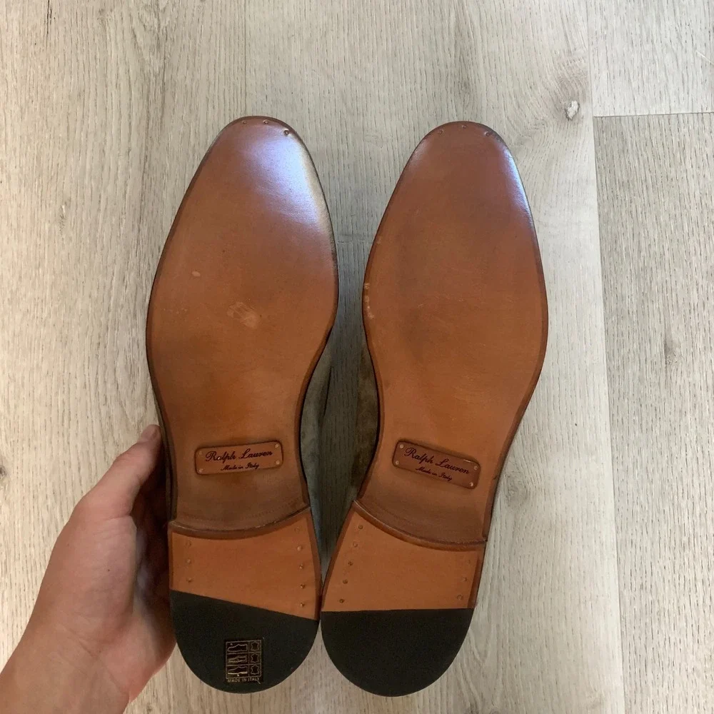 Ralph Lauren Purple Label Mens Suede Tassel Loafers Olive Taupe Italy 11.5 D